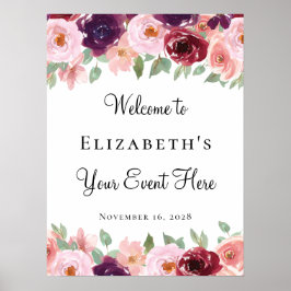 Poster Aquarela Floral Burgundy Blush para Qualquer Event