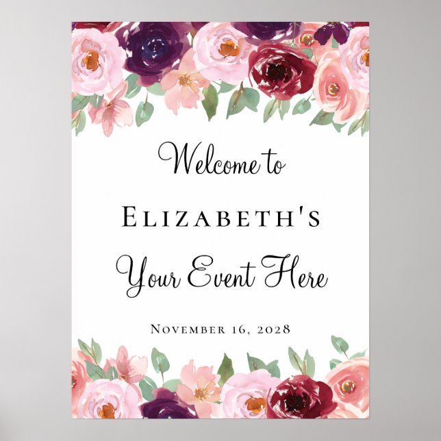 Poster Aquarela Floral Burgundy Blush para Qualquer Event (Frente)