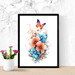 Poster Aquarela Floral Flores Borboletas Azul Laranja