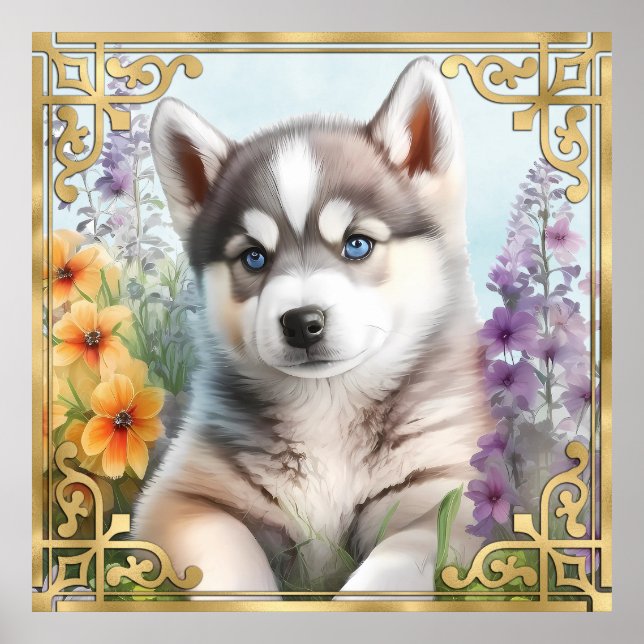 Poster Aquarela Floral Siberiano Husky com Moldura Dourad (Frente)