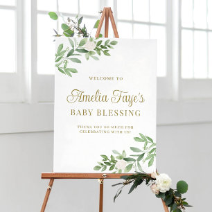 Poster Aquarela Flores Brancas e Bênção de Bebê Verde