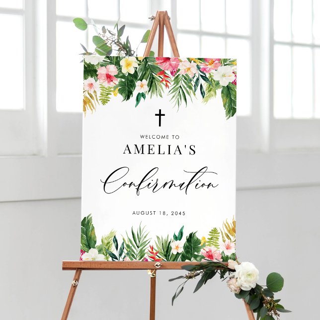Poster Aquarela Flores Garland Confirmação Tropical (Watercolor Flowers Garland Tropical Confirmation Welcome Sign)