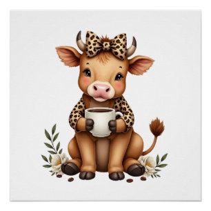 Póster Aquarela Fofa de Amante de Café Vintage Vaca Highl