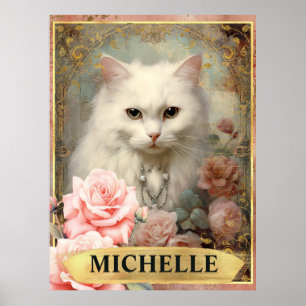 Poster Aquarela Gato Branco Vintage e Rosas Pink