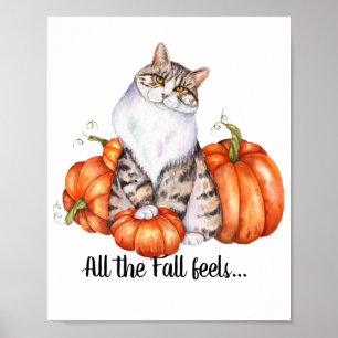 Poster Aquarela, Gato e Pumpkins, Sentimento de queda