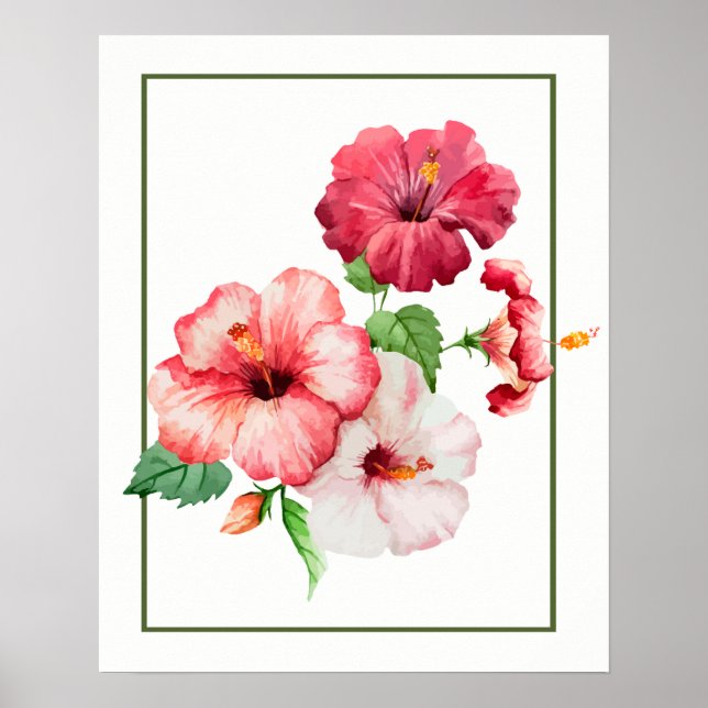 Poster Aquarela Hibiscus Flores Tropicais (Frente)