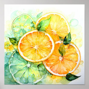 Poster Aquarela Limão Laranja Lima Botânica Cozinha