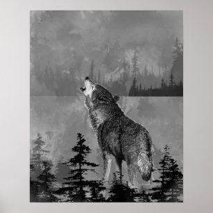 Poster Aquarela Lobo Uivando Solitário Arte Animal