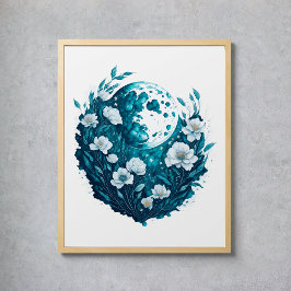 Poster Aquarela Lua Estrelas Celestiais Flores
