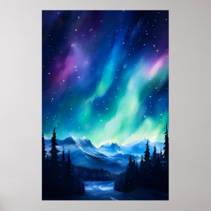 Poster Aquarela Luzes do Norte aurora boreal