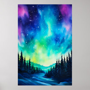 Poster Aquarela Luzes do Norte aurora boreal