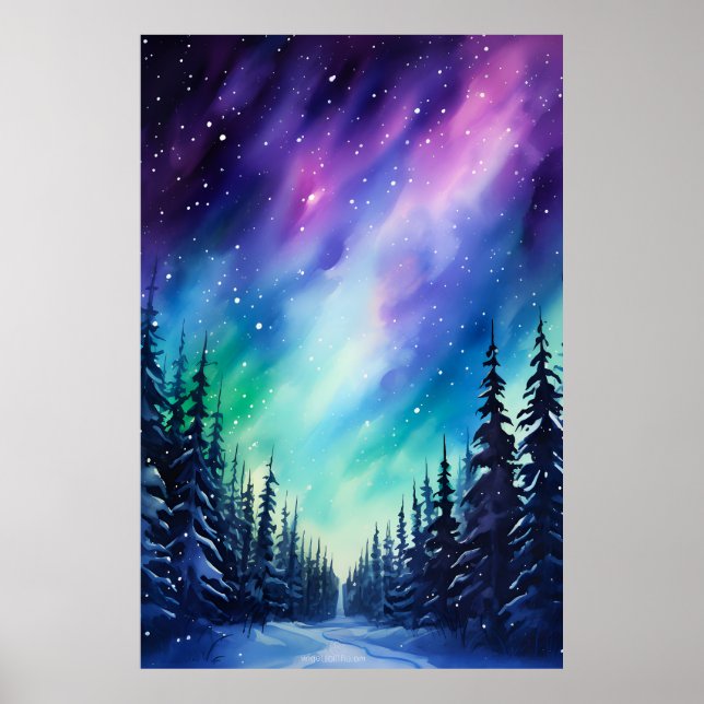 Poster Aquarela Luzes do Norte aurora boreal  (Frente)