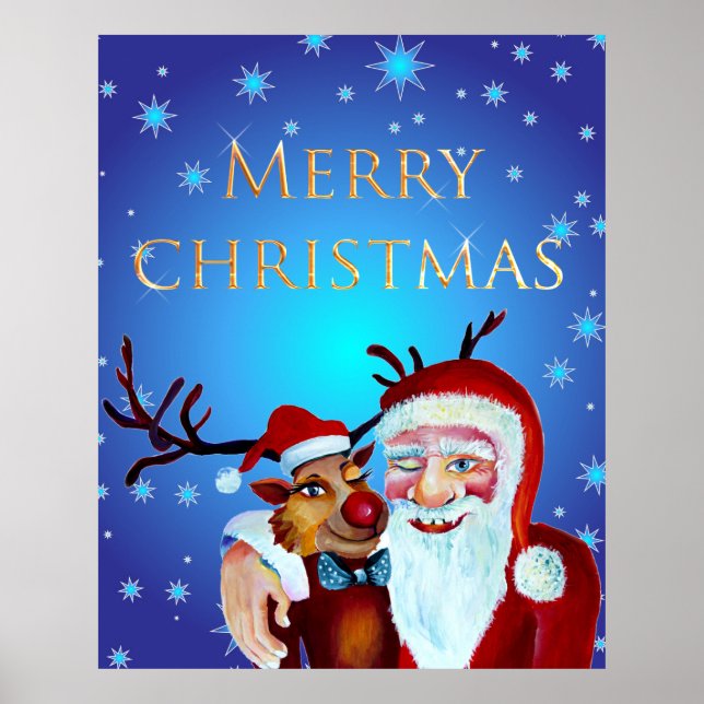 Poster Aquarela Magical Santa Claus Sorrindo Rudolph (Frente)