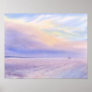 Poster Aquarela Mar Lavanda Pastel e Pequeno Barco à Vela
