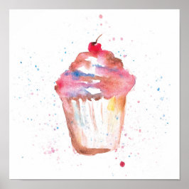 Poster Aquarela, mola de Cupcake que renderiza cereja em