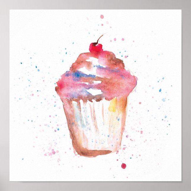 Poster Aquarela, mola de Cupcake que renderiza cereja em (Frente)