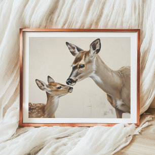 Poster Aquarela Natureza Arte de Mãe Cerva e Filhote