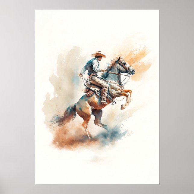 Poster Aquarela Ocidental Empoeirada “Bucking Bronco” (Frente)