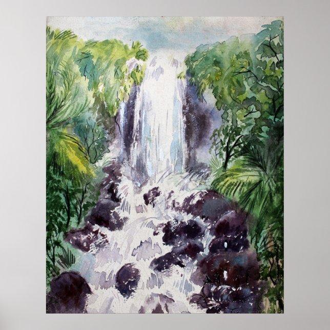 Poster aquarela paisagem em cascata cor d'água em papel (Frente)