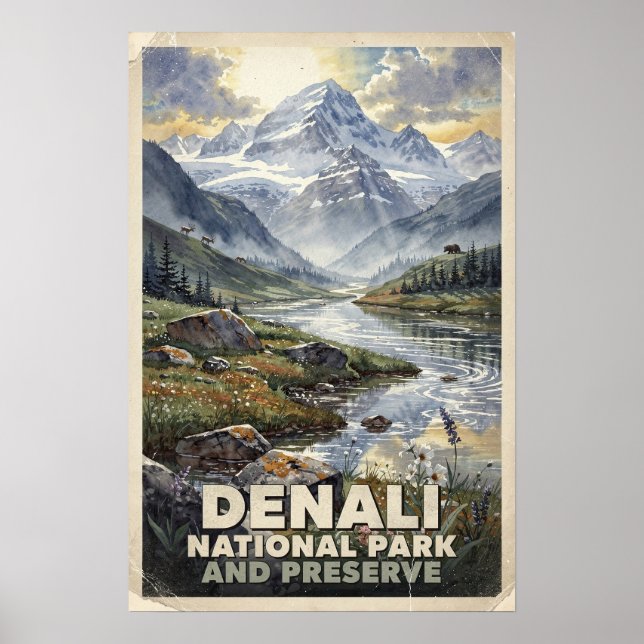 Poster Aquarela Parque Nacional e Reserva Denali Retro (Frente)