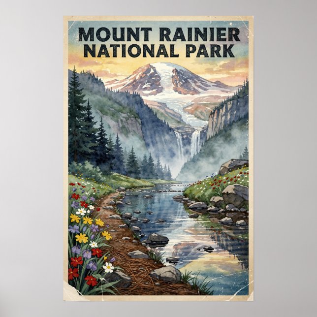 Poster Aquarela Parque Nacional Mount Rainier Retro (Frente)