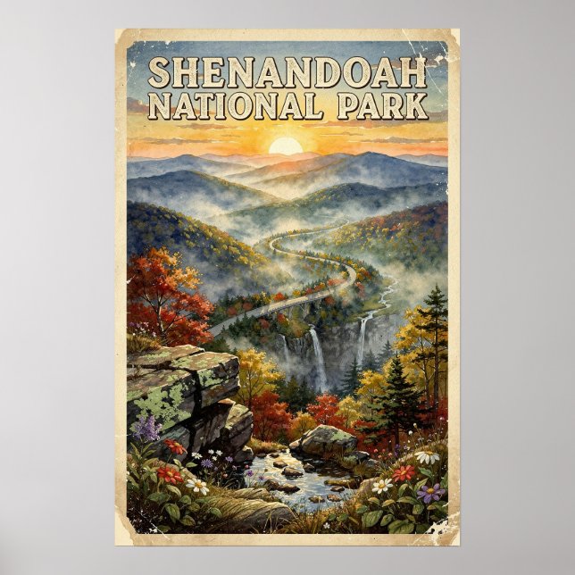 Poster Aquarela Parque Nacional Shenandoah Retro (Frente)