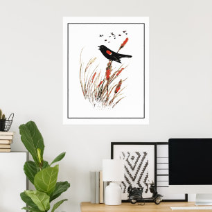 Poster Aquarela Pássaro Preto de Asa Vermelha Arte da Nat