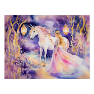 Póster Aquarela Princesa Linda e Unicórnio