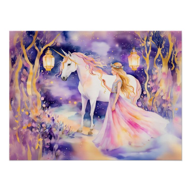 Póster Aquarela Princesa Linda e Unicórnio (Frente)