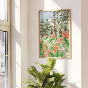 Poster Aquarela Rosa Coral Floral Prado Na Montanha