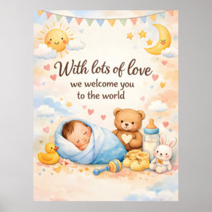 Poster Aquarela Saudação de Boas-Vindas ao Novo Bebê com 