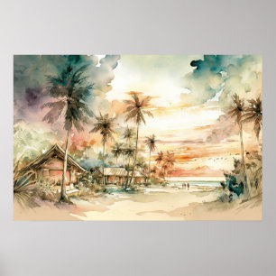 Poster Aquarela Tropical de Praia de Sunset Pacífica