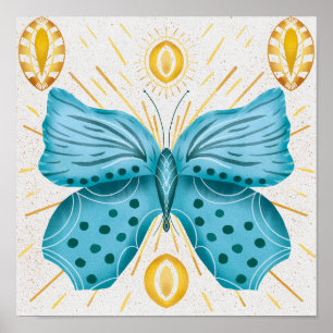 Poster Aquarela Turquesa Borboleta Sol Celestial