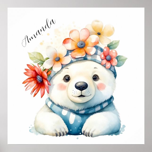 Poster Aquarela Urso Polar Fofo com Flores (Frente)