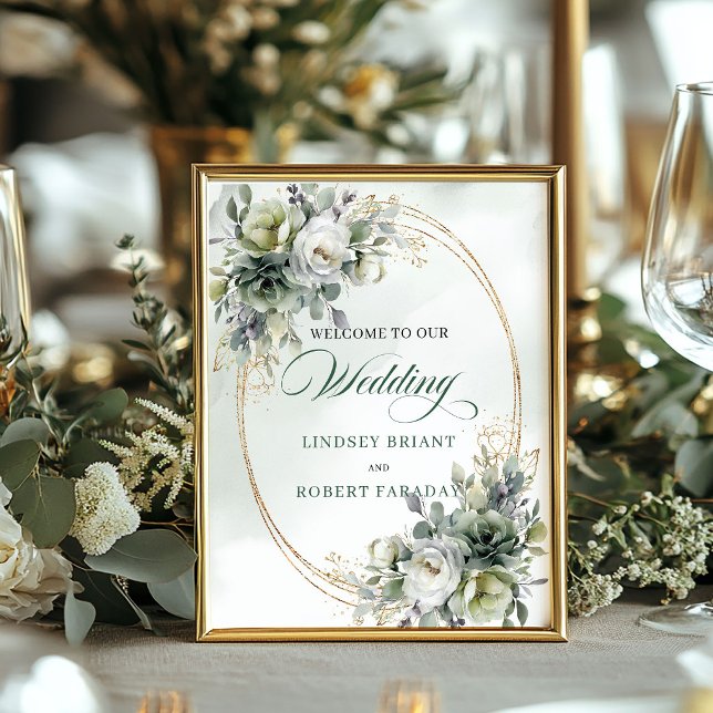 Poster Aquarela Verde Branco Bem-vindo Botânico Casamento (Watercolor Green White Botanical Wedding Welcome)