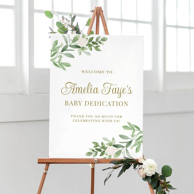 Poster Aquarela Verde Dedicação de Bebê Bem-vindo (Botanical baby dedication welcome sign featuring watercolor greenery and white flowers. )