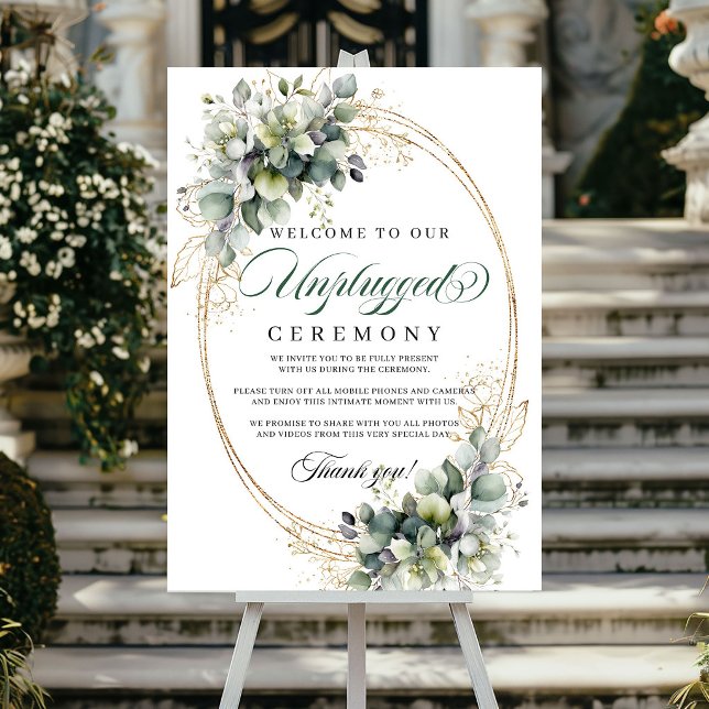 Poster Aquarela Verde Ouro Cerimônia Sem Aparelhos Casame (Watercolor Green Gold Unplugged Ceremony Wedding Poster)