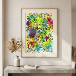 Poster Aquarela Vibrante Floral Abstrata Arte de Linha Ra