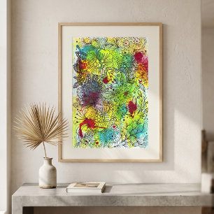 Poster Aquarela Vibrante Floral Abstrata Arte de Linha Ra