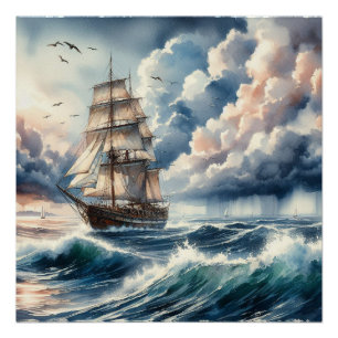 Póster Aquarelas de Ondas do Oceano Azul