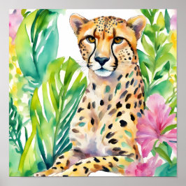 Poster Aquarelas Preppy Palm Beach Cheetah em Flores