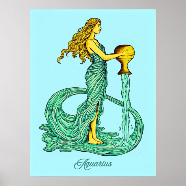 Poster Aquarius Zodiac Sinal, Mulher com Água Fluente (Frente)
