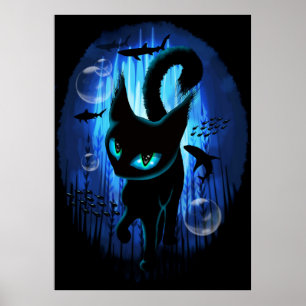 Poster Aquático - Gato Surreal em Fantasia no Oceano Pro