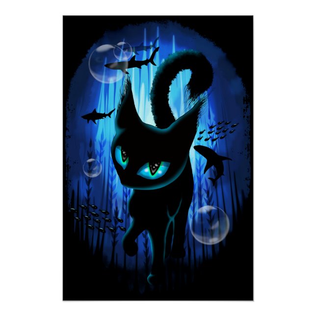 Póster Aquático - Gato Surreal na Fantasia do Oceano Prof (Frente)