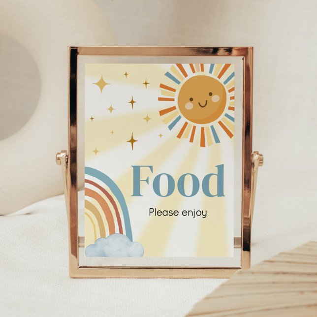 Poster Aqui vem a Comida do Filho Retro Sunshine Chá de f (Retro Here Comes the Son Baby Shower Food Sign)