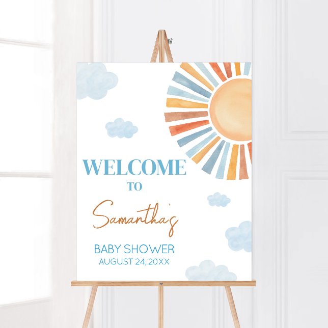 Poster Aqui Vem O Chá de fraldas Do Sol Bem-Vindo (Blue Boho Sunshine Baby Shower Welcome Sign)