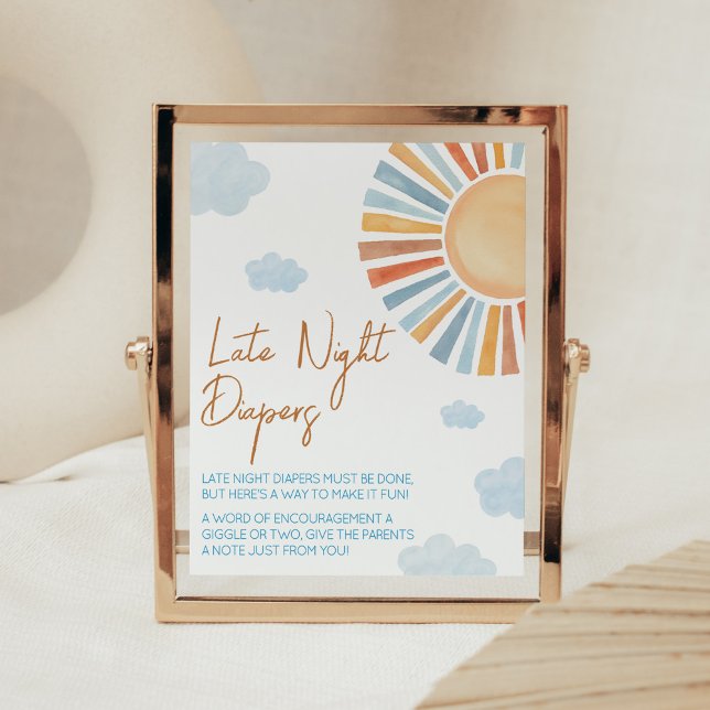 Poster Aqui Vem O Chá de fraldas Sol Fraldas Noturnas Tar (Blue Boho Sunshine Baby Shower Late Night Diapers Sign)
