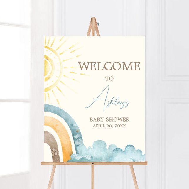 Poster Aqui Vem O Filho Retro Chá de fraldas Bem-Vindo (Boho Here Comes The Sun Baby Shower Welcome Sign)