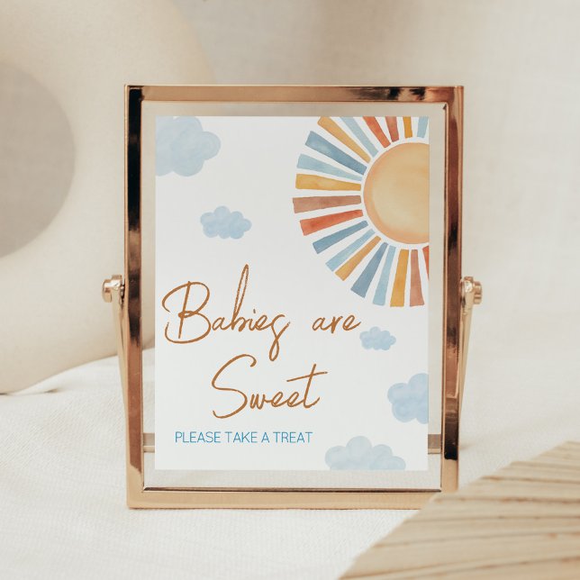 Poster Aqui vem os bebês do Chá de fraldas do Sol são doc (Blue Boho Sunshine Baby Shower Babies are Sweet Sign)