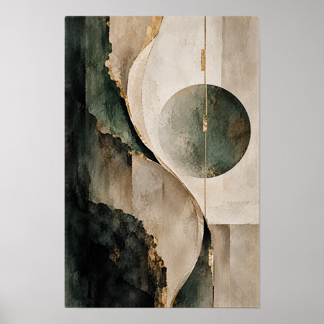 Poster Ar Verde Escuro Bege Geométrico Círculo Abstrato P (Frente)